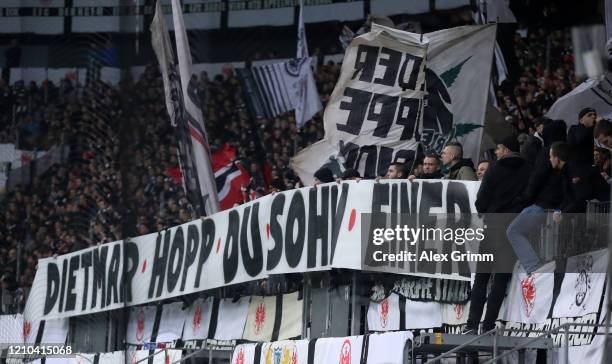 Eintracht Frankfurt fans display a protest banner against Dietmar Hopp, chief financial backer of TSG 1899 Hoffenheim during the DFB Cup quarterfinal...