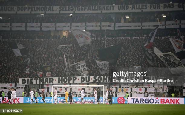 Eintracht Frankfurt fans display a protest banner against Dietmar Hopp, chief financial backer of TSG 1899 Hoffenheim during the DFB Cup quarterfinal...