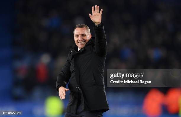 Brendan Rodgers, Manager of Leicester City acknowledges the fans following his sides victory in the FA Cup Fifth Round match between Leicester City...