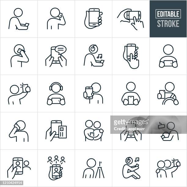 smartphones thin line icons - editable stroke - human hand stock illustrations