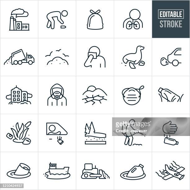 pollution thin line icons - editable stroke - garbage bag stock illustrations