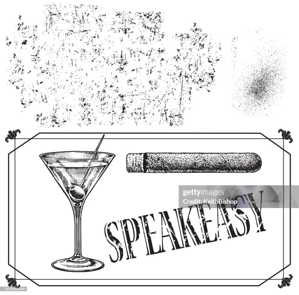 Speakeasy Schrift, Martini mit Olive, Zigarre, Grunge Textur