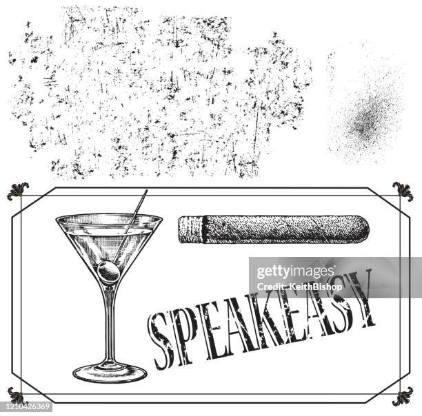 ilustrações, clipart, desenhos animados e ícones de tipodeiro speakeasy, martini com azeitona, charuto, textura grunge - speakeasy