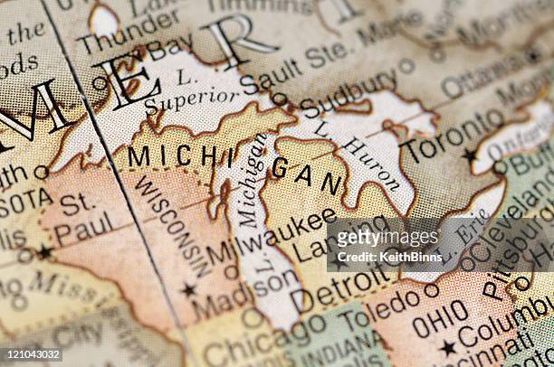 close-up of american map focusing on michigan - michigan stock pictures, royalty-free photos & images