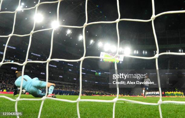 Tim Krul of Norwich City saves the penalty taken by Gedson Fernandes of Tottenham Hotspur to win the penalty shoot out during the FA Cup Fifth Round...