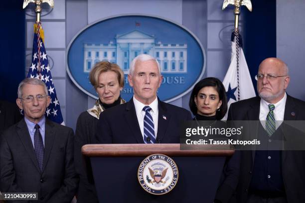 Vice President Mike Pence speaks during a briefing on the Trump administration's coronavirus response in the press briefing room of the White House...