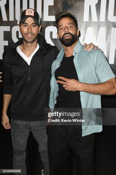 Enrique Iglesias and Ricky Martin hold a press conference at Penthouse at the London West Hollywood on March 4, 2020 in West Hollywood, California.