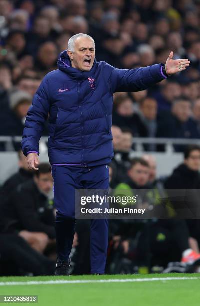 Jose Mourinho manager of Spurs reacts during the FA Cup Fifth Round match between Tottenham Hotspur and Norwich City at Tottenham Hotspur Stadium on...