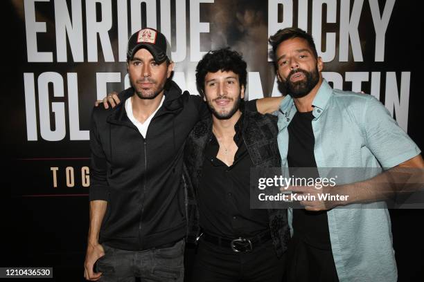 Enrique Iglesias, Sebastián Yatra and Ricky Martin hold a press conference at Penthouse at the London West Hollywood on March 4, 2020 in West...