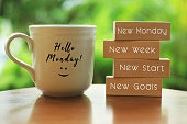 Monday concept with morning coffee cup - New Monday. New week. New start. New Goals.