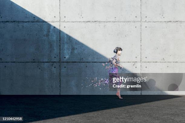 woman disintegrating while running - checking sports stock pictures, royalty-free photos & images