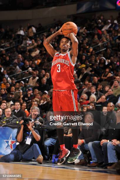 Brandon Jennings of the Rookie Team shoots three point basket during the T-Mobile Rookie Challenge and Youth Jam as part of NBA All-Star Friday at...