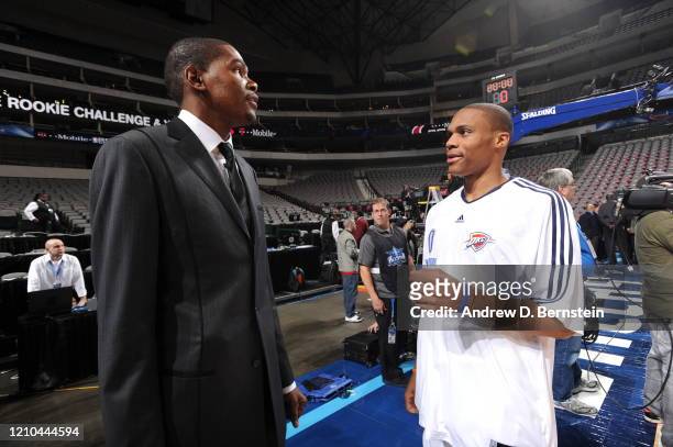 Assistant coach Kevin Durant of the Rookie Team talks with Russell Westbrook of the Sophomore Team before the T-Mobile Rookie Challenge and Youth Jam...