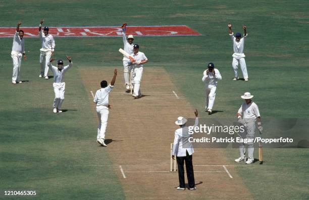 Richard Blakey of England is out LBW for 1 run to Anil Kumble of India during the 3rd Test match between India and England at the Wankhede Stadium,...