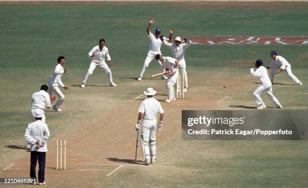England batsman Richard Blakey is bowled for 0 by Anil Kumble of India during the 3rd Test match between India and England at the Wankhede Stadium,...