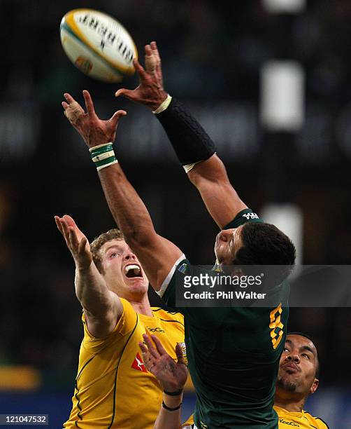 Pierre Spies of the Springboks and David Pocock of the Wallabies compete for the ball during the Tri-Nations match between the South African...