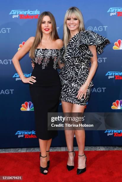 Sofia Vergara and Heidi Klum attend the "America's Got Talent" Season 15 Kickoff at Pasadena Civic Auditorium on March 04, 2020 in Pasadena,...