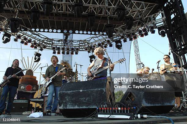 Trey Anastasio and Jon Fishman perform with Mike Gordon at Sherwood Court during Rothbury 2008 on July 6, 2008 in Rothbury, Michigan.