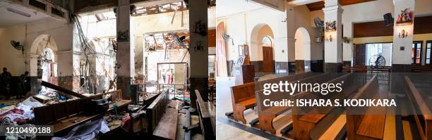 Graphic content / This combination of pictures created on April 21 shows part of the interior of St. Anthonys church during the first anniversary of...