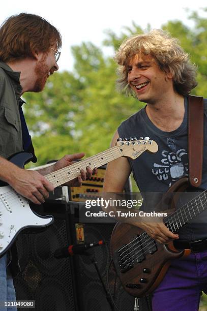 Trey Anastasio and Mike Gordon perform at Sherwood Court during Rothbury 2008 on July 6, 2008 in Rothbury, Michigan.