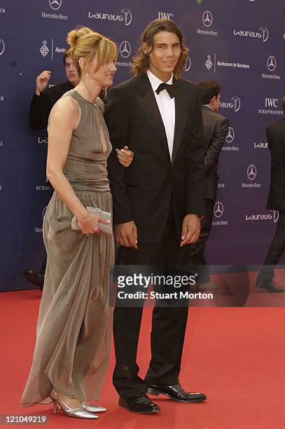 Tennis star Raffael Nadal and his mother during 2006 Laureus World Sports Awards - Red Carpet - Arrivals at Museu Nacional d'Art de Catalunya in...