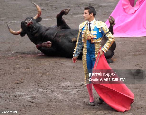 Spanish matador Jose Maria Manzanares kills a Torrealta fighting bull, during the sixth corrida of the Aste Nagusia festivities, on August 22 at the...