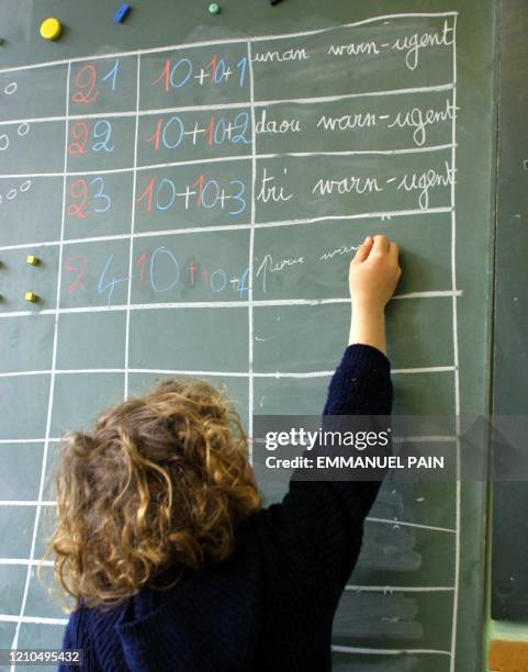 Un élève écrit en langue bretonne, au tableau, le 02 mai 2001, dans une classe de l'école bilingue "Diwan" de Brest. Ces écoles où l'enseignement est...