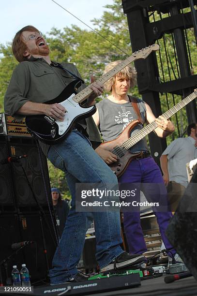 Trey Anastasio and Mike Gordon perform at Sherwood Court during Rothbury 2008 on July 6, 2008 in Rothbury, Michigan.