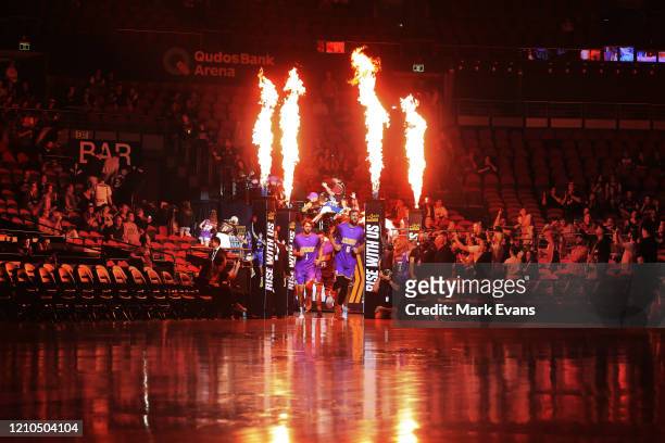 Andrew Bogut of the Kings leads the team out prior to game three of the NBL Semi Final Series between the Sydney Kings and Melbourne United at Qudos...