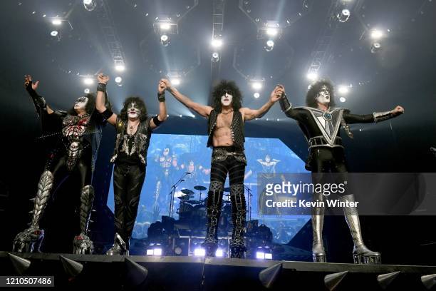 Gene Simmons, Eric Singer, Paul Stanley and Tommy Thayer of Kiss perform onstage at Staples Center on March 04, 2020 in Los Angeles, California.