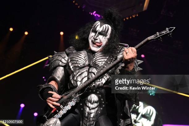 Gene Simmons of Kiss performs onstage at Staples Center on March 04, 2020 in Los Angeles, California.