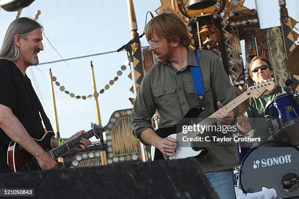 Trey Anastasio and Jon Fishman perform with Mike Gordon at Sherwood Court during Rothbury 2008 on July 6, 2008 in Rothbury, Michigan.