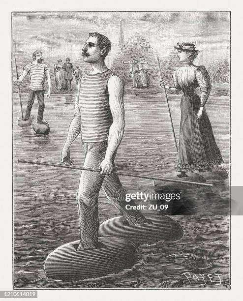 ilustraciones, imágenes clip art, dibujos animados e iconos de stock de caminata acuática con esquís flotantes, grabado en madera, publicado en 1895 - floating on water