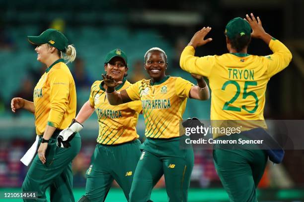 Nonkululeko Mlaba of South Africa celebrates dismissing Jess Jonassen of Australia during the ICC Women's T20 Cricket World Cup Semi Final match...