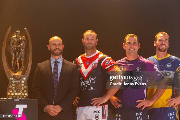 Chief Executive Todd Greenberg is seen at a captains team photo with Boyd Cordner of the Sydney Roosters, Cameron Smith of the Melbourne Storm and...