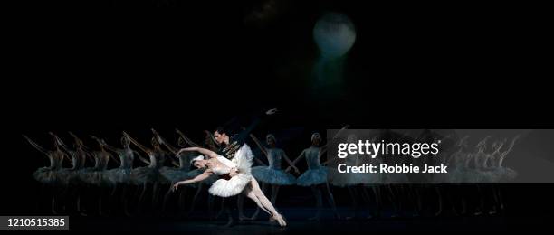 Lauren Cuthbertson as Odette/Odile and William Bracewell as Prince Siegfried with artists of the company in The Royal Ballet's production of Lev...