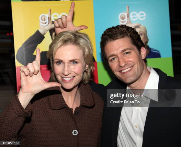 Actress Jane Lynch and Matthew Morrison arrive at "Glee" - Los Angeles Premiere Event at Santa Monica High School on May 11, 2009 in Santa Monica,...