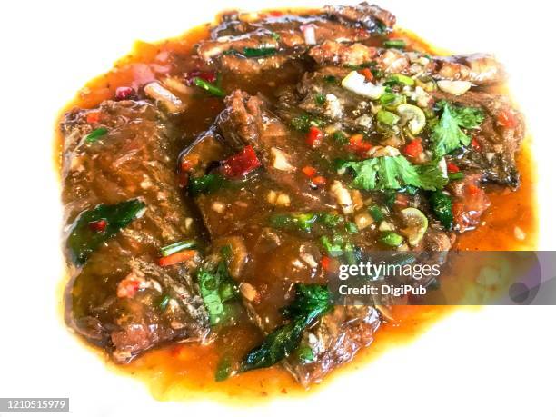 red braised beltfish on white background - soy sauce stock pictures, royalty-free photos & images