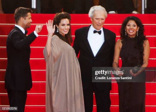 Actors Brad Pitt, Angelina Jolie and director Clint Eastwood and his wife Dina Eastwood attend premiere of The Changeling at the 61st Cannes...