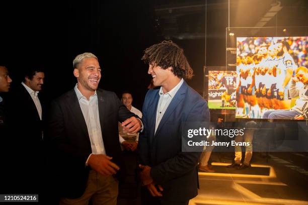 Corey Norman of the St George Illawarra Dragons shares a laugh with Kevin Proctor of the Gold Coast Titans during the 2020 NRL Season Launch at The...