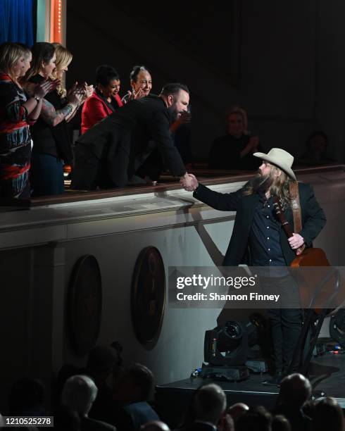 Garth Brooks greets Chris Stapleton at The Library of Congress Gershwin Prize tribute concert at DAR Constitution Hall on March 04, 2020 in...