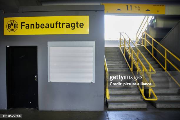 April 2020, North Rhine-Westphalia, Dortmund: The counter of the fan representatives at a grandstand entrance in the Signal Iduna Park, the stadium...