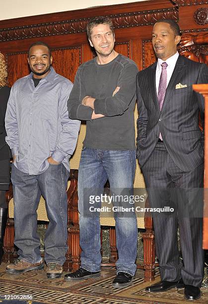 Movie Director Felix Gary Gray, actor Gerard Butler and actor Jamie Foxx attend a welcoming of the cast of "Law Abiding Citizen" at the Mayor's...