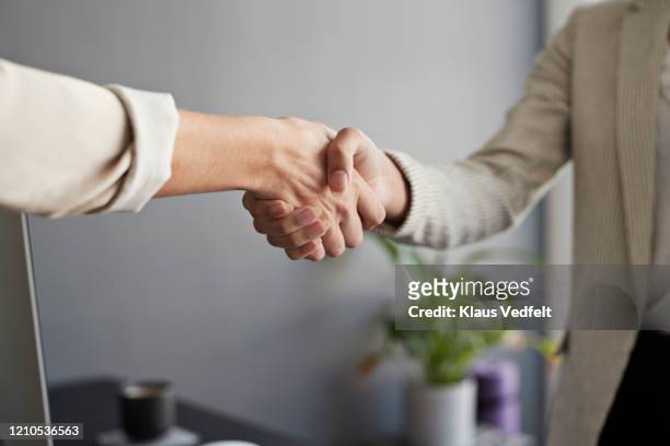female entrepreneurs shaking hands at workplace - coinvolgimento dei dipendenti foto e immagini stock