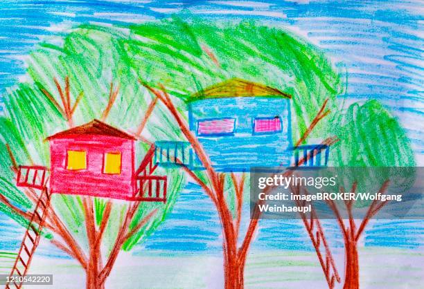 naive illustration, children's drawing, tree house, germany - baumhaus stock-grafiken, -clipart, -cartoons und -symbole