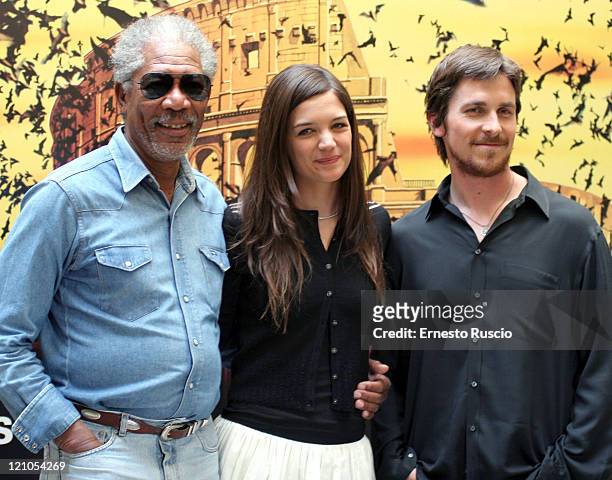 Morgan Freeman, Katie Holmes and Christian Bale during "Batman Begins" Rome Photocall at Hotel St.Regis in Rome, Italy.