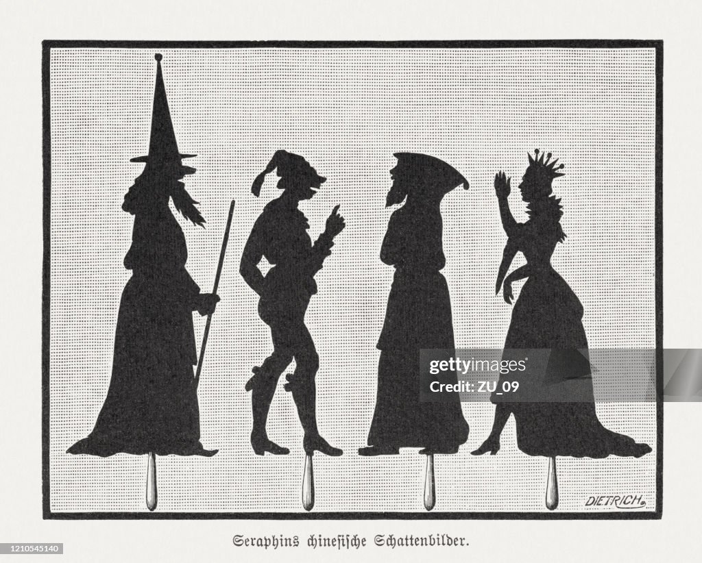 Séraphins Chinese shadow puppets, wood engraving, published in 1895