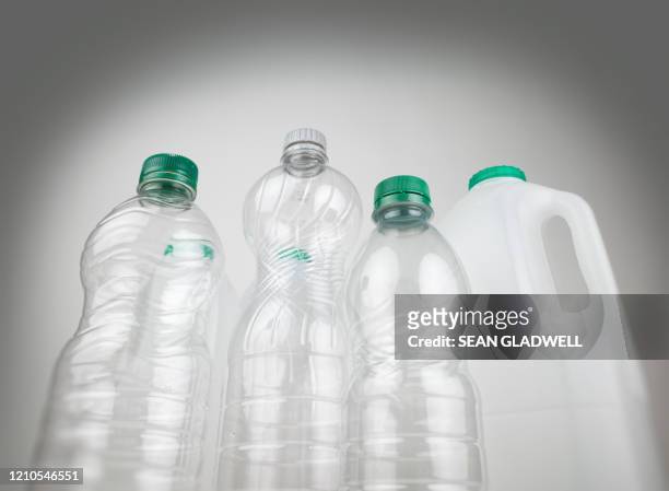 low angle plastic bottles - soda bottle imagens e fotografias de stock