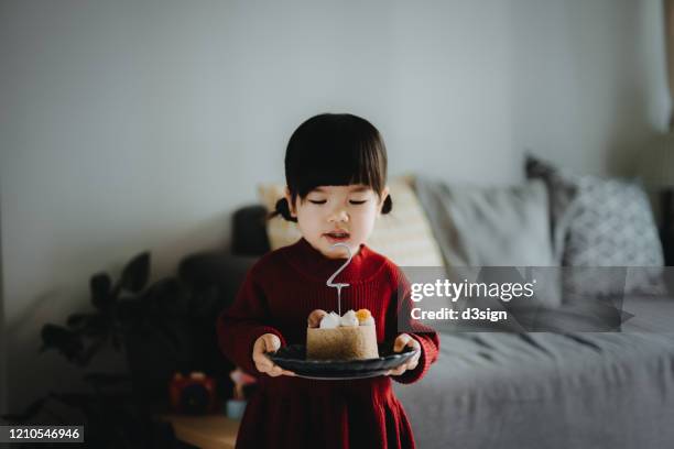 portrait of a cute little girl holding a birthday cake celebrating her two years old birthday at home - 2 3 years one girl only ストックフォトと画像