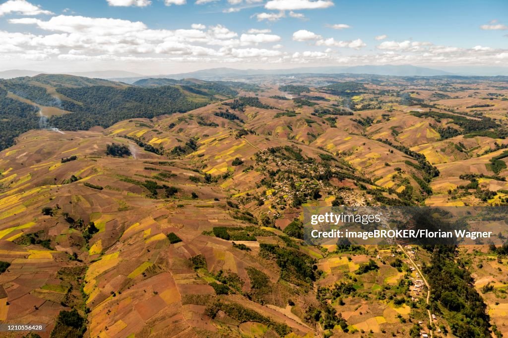 Aerial view, Hilly agricultural landscape with fields, Mbeya Rural, Tanzania